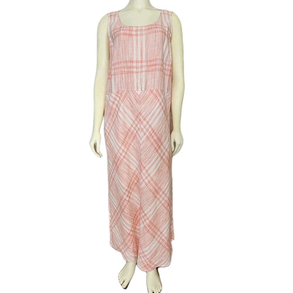 J Jill Love Linen Maxi Dress Womens L Pink Plaid Pockets‎ Lined Coastal Beachy